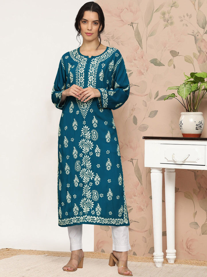 Hand Embroidered Chikankari Modal Straight Kurta- PC4042 Teal
