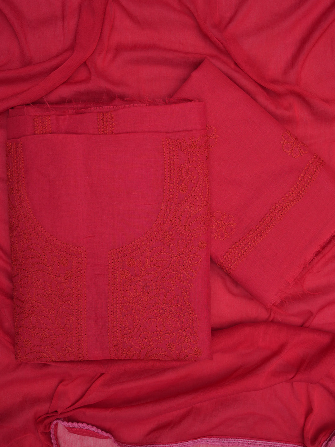 Women Hand Embroidered Cotton Chikankari Dress MaterialPCSCU00406FS-TOMATORED