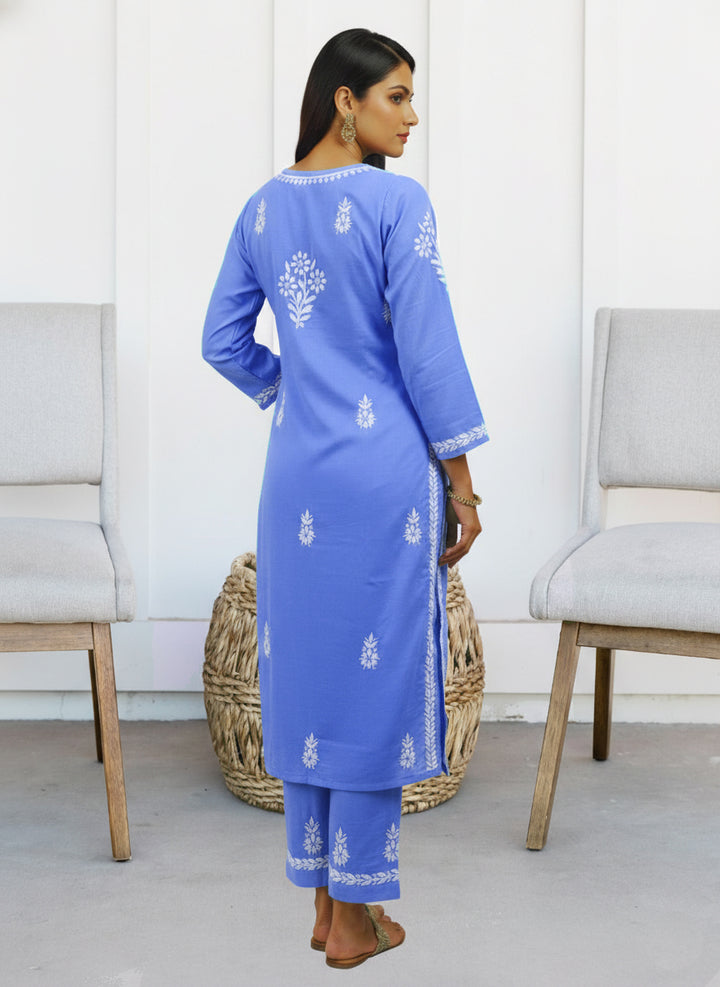 Women Hand Embroidered Chikankari Cotton Kurta set PC4107KS Denim