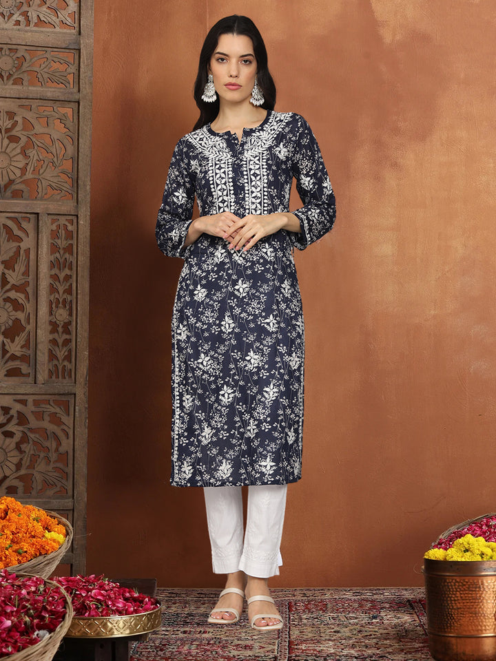 Hand Embroidered Chikankari Mulmul Cotton Straight Kurta- PC4041