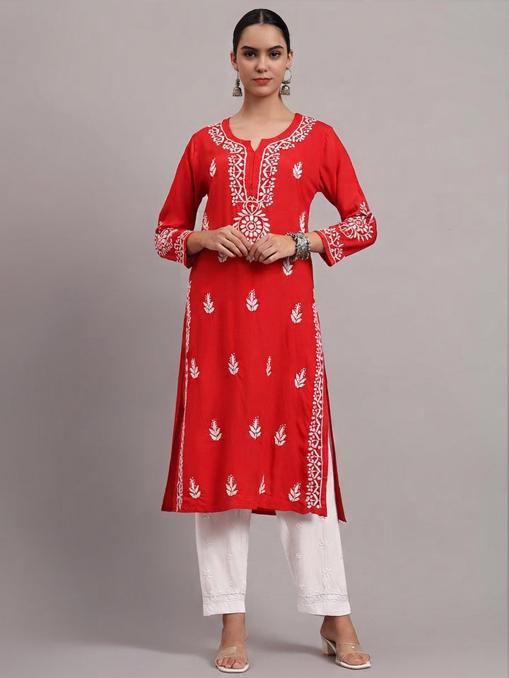 Women Hand Embroidered Chikankari Rayon Kurta PC4076 Red