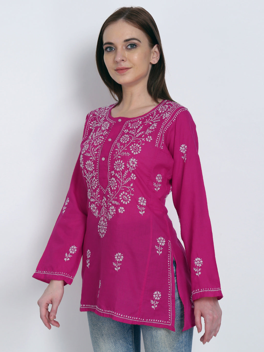 Women Hand Embroidered Chikankari Cotton Kurti-STV115