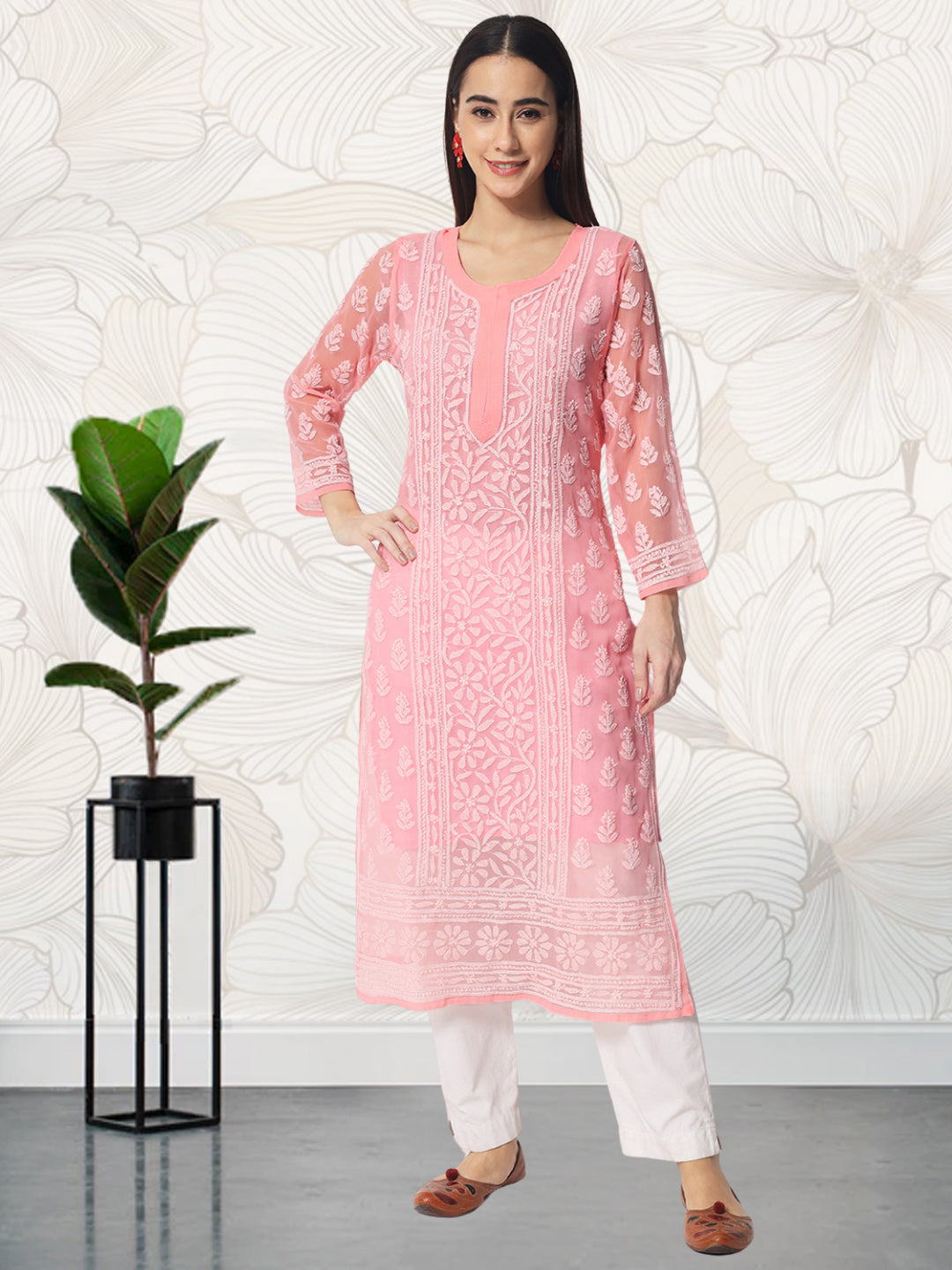 Hand Embroidered Chikankari Georgette Straight Kurta With Matching Slip- PC3594