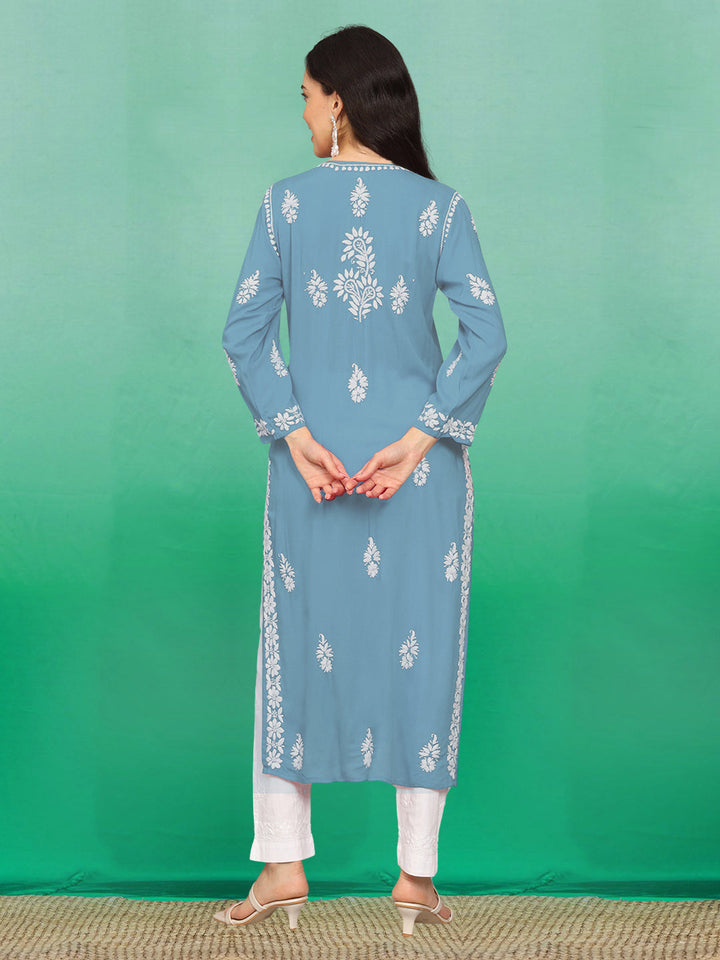 Hand Embroidered Chikankari Modal Straight Kurta- PC4042 Lightskyblue