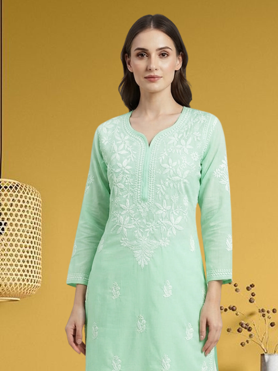 Hand Embroidered Chikankari Cotton Straight Kurta-PC3372 Lightgreen