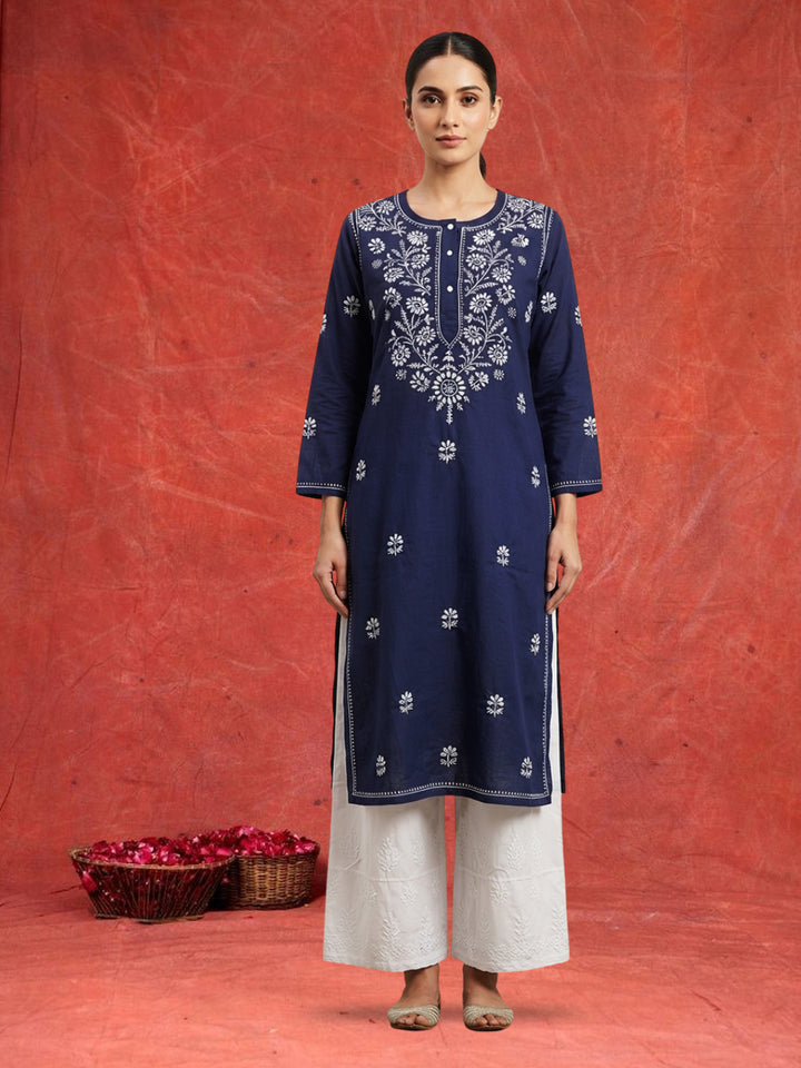 Hand Embroidered Chikankari Straight Floral Cotton Kurta-NTV115 Navy