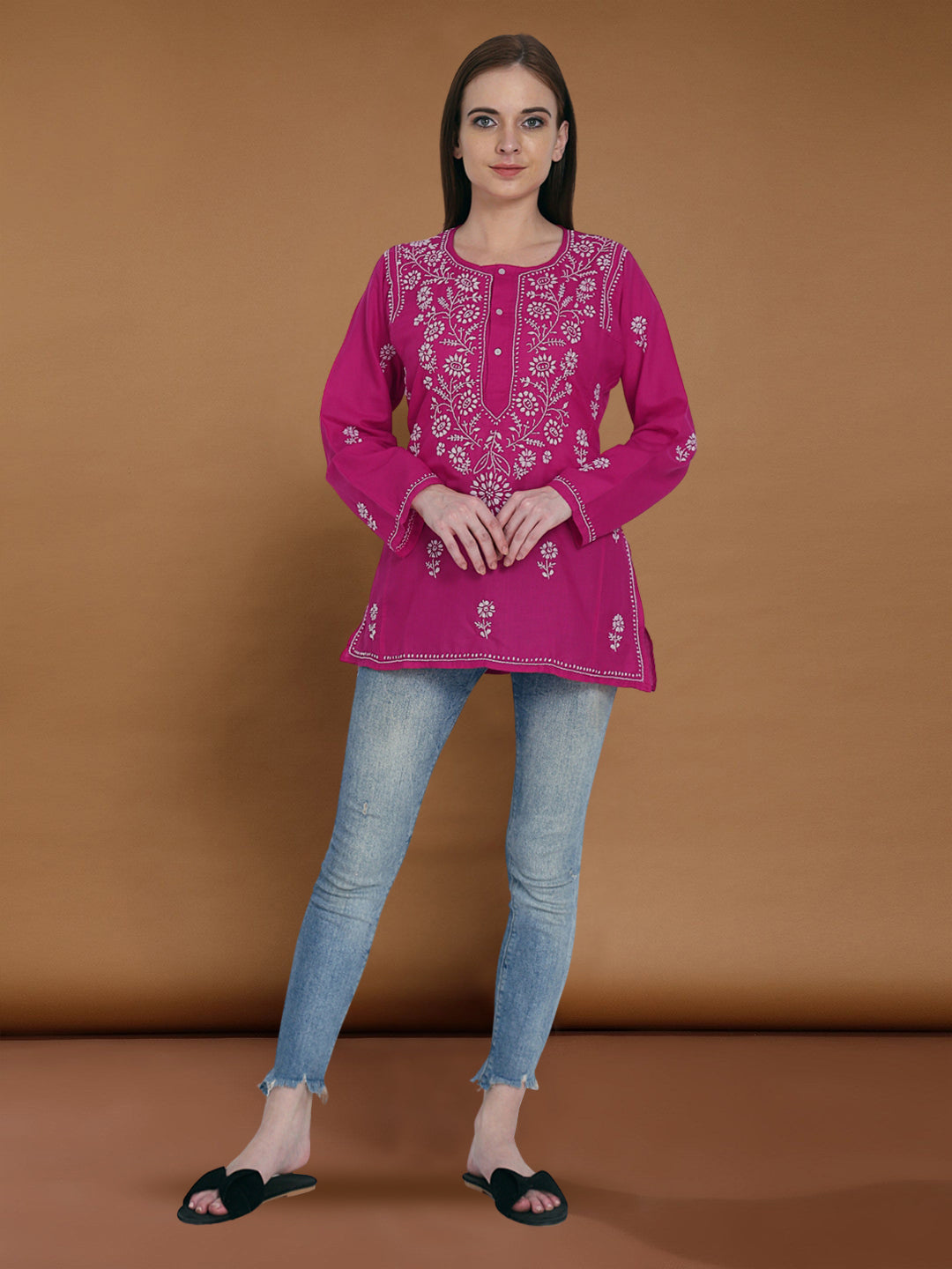 Women Hand Embroidered Chikankari Cotton Kurti-STV115