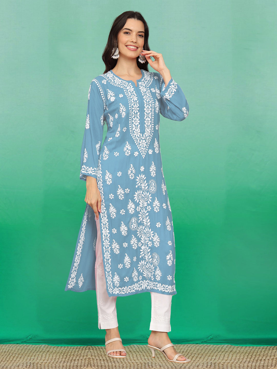Hand Embroidered Chikankari Modal Straight Kurta- PC4042 Lightskyblue