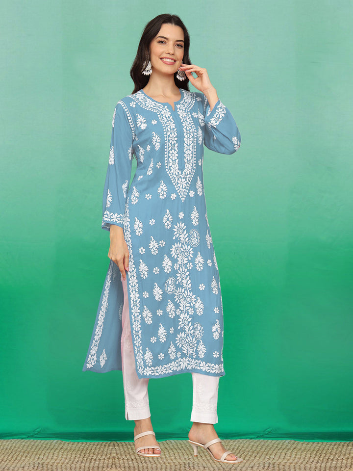 Hand Embroidered Chikankari Modal Straight Kurta- PC4042 Lightskyblue