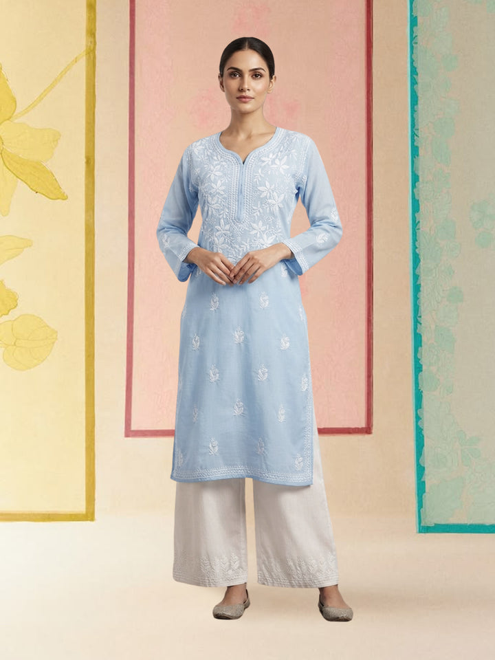 Hand Embroidered Chikankari Cotton Straight Kurta-PC3372 Denimblue
