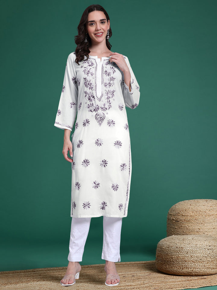 Hand Embroidered Chikankari Mulmul Cotton Straight Kurta- PC4085
