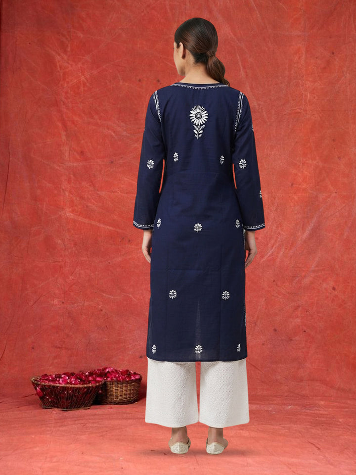 Hand Embroidered Chikankari Straight Floral Cotton Kurta-NTV115 Navy
