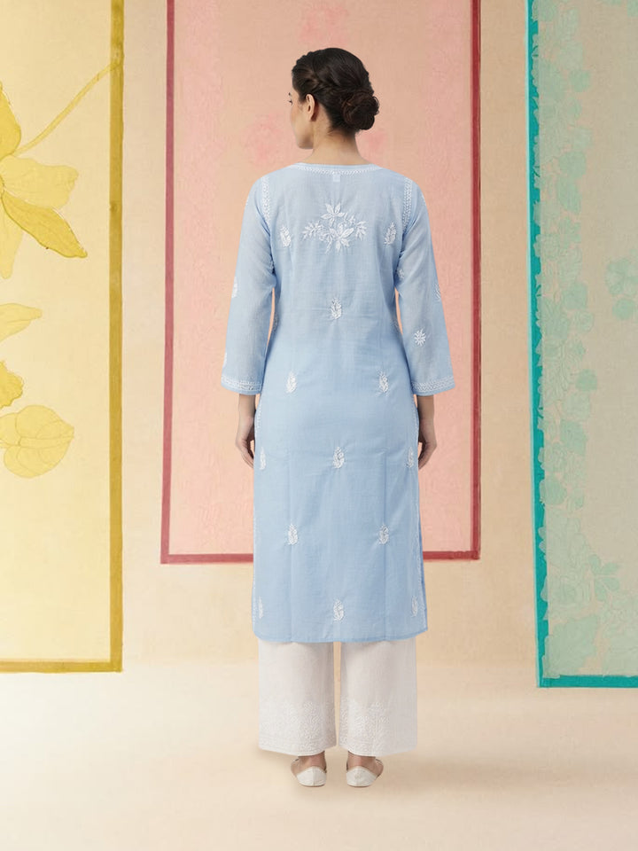 Hand Embroidered Chikankari Cotton Straight Kurta-PC3372 Denimblue