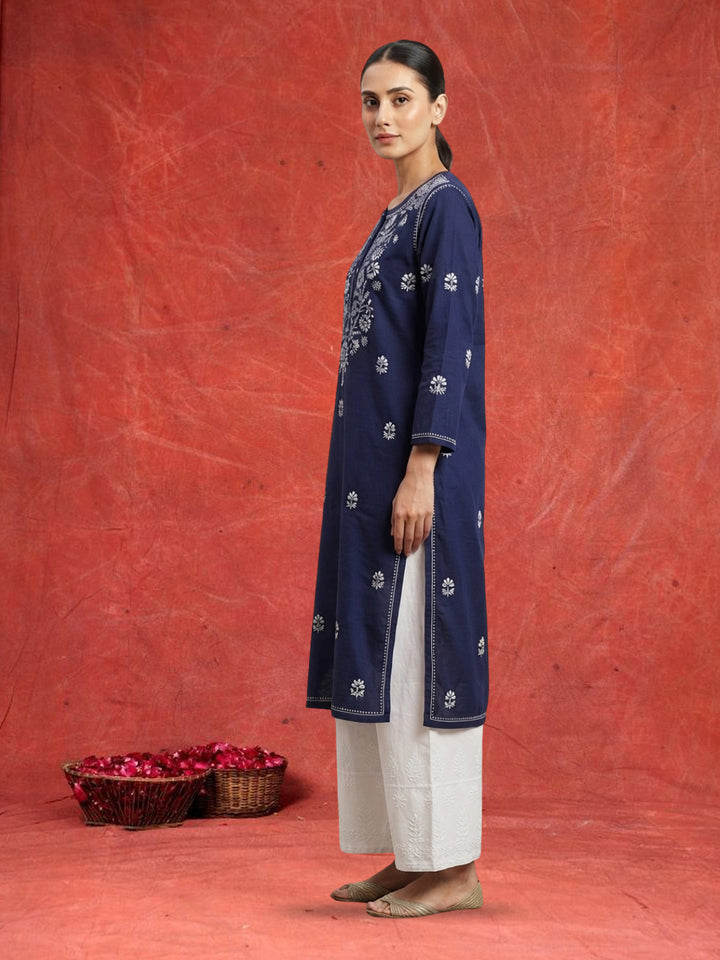 Hand Embroidered Chikankari Straight Floral Cotton Kurta-NTV115 Navy