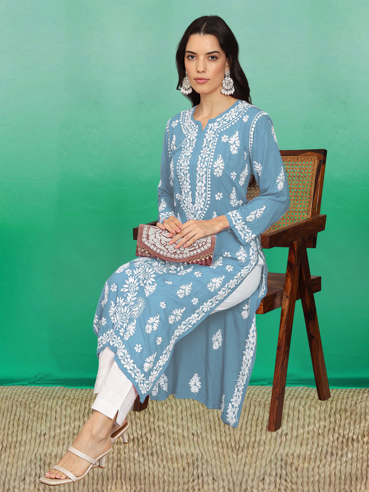 Hand Embroidered Chikankari Modal Straight Kurta- PC4042 Lightskyblue