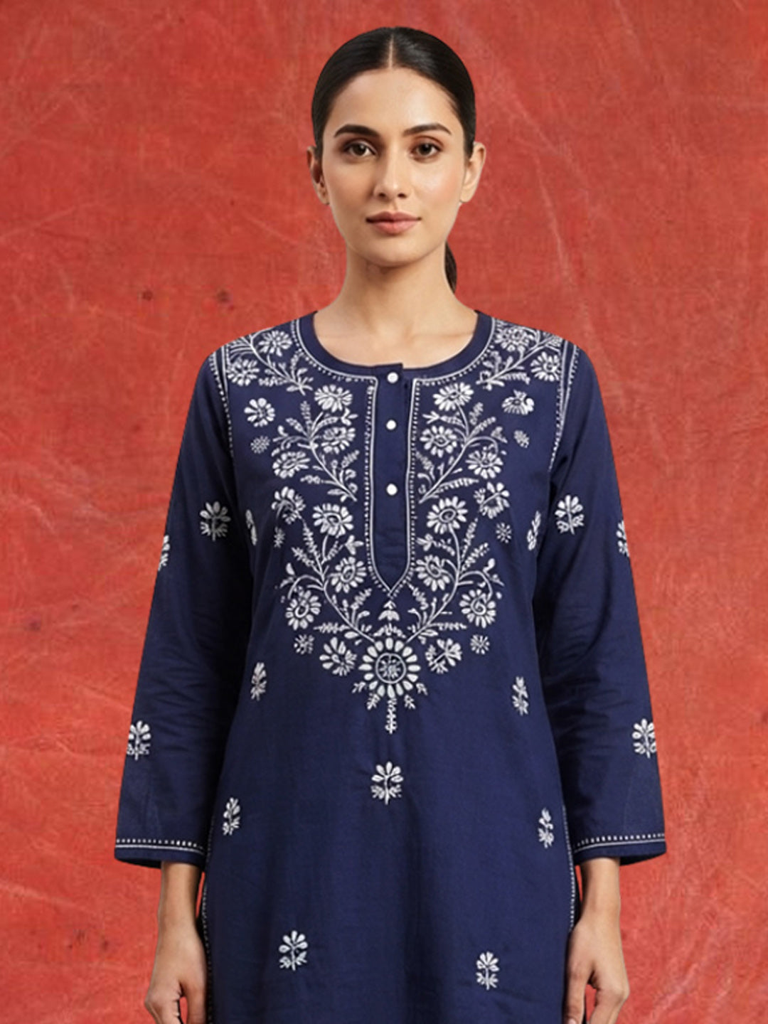 Hand Embroidered Chikankari Straight Floral Cotton Kurta-NTV115 Navy