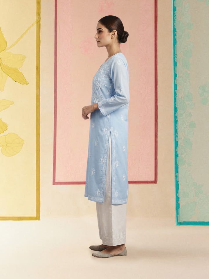 Hand Embroidered Chikankari Cotton Straight Kurta-PC3372 Denimblue
