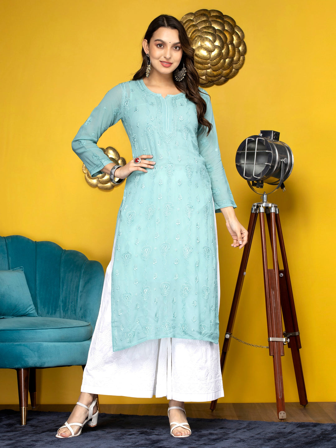 Hand Embroidered Chikankari Viscose Georgette Straight  Kurta- PC3640