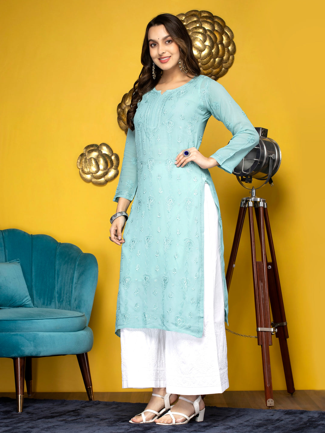 Hand Embroidered Chikankari Viscose Georgette Straight  Kurta- PC3640