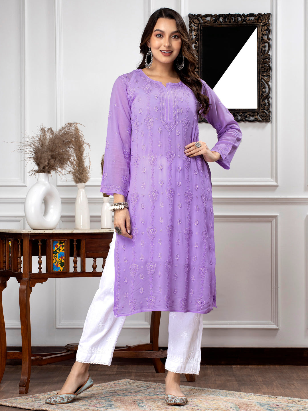 Hand Embroidered Chikankari Viscose Georgette Straight  Kurta- PC3640