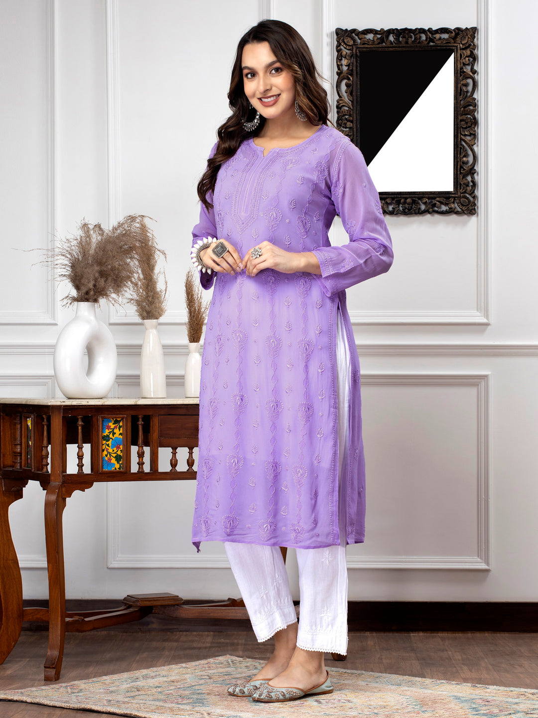 Hand Embroidered Chikankari Viscose Georgette Straight  Kurta- PC3640