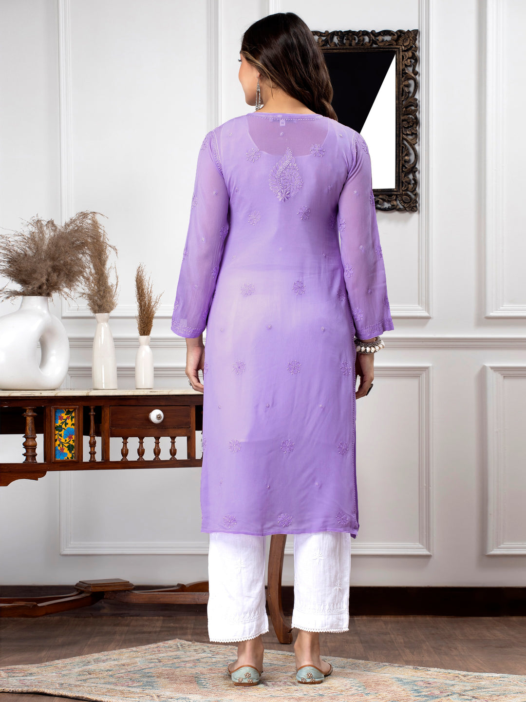 Hand Embroidered Chikankari Viscose Georgette Straight  Kurta- PC3640