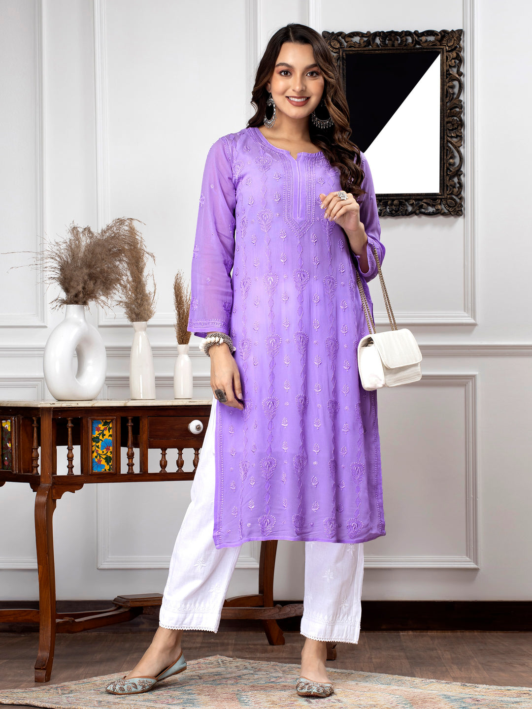 Hand Embroidered Chikankari Viscose Georgette Straight  Kurta- PC3640