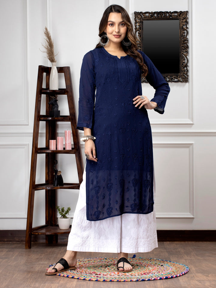 Hand Embroidered Chikankari Viscose Georgette Straight  Kurta- PC3640