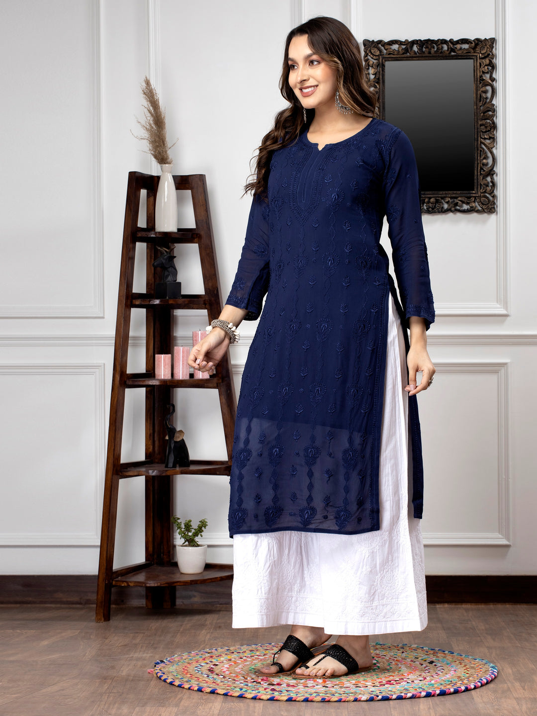 Hand Embroidered Chikankari Viscose Georgette Straight  Kurta- PC3640