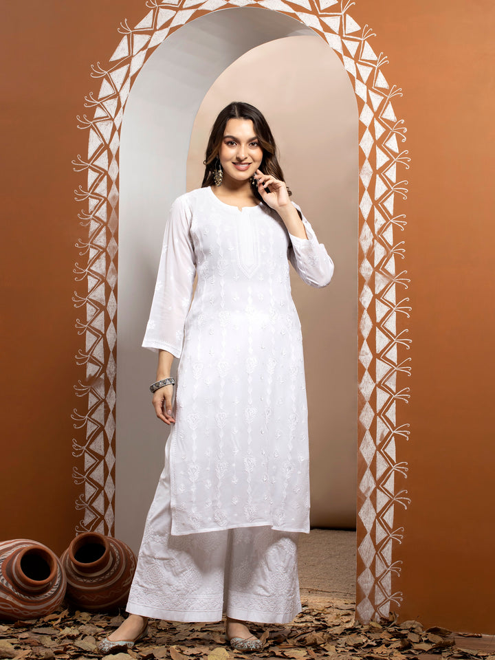 Hand Embroidered Chikankari Viscose Georgette Straight  Kurta- PC3640