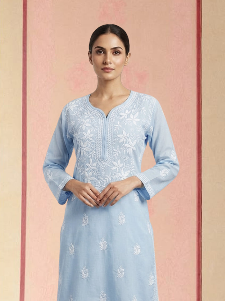 Hand Embroidered Chikankari Cotton Straight Kurta-PC3372 Denimblue