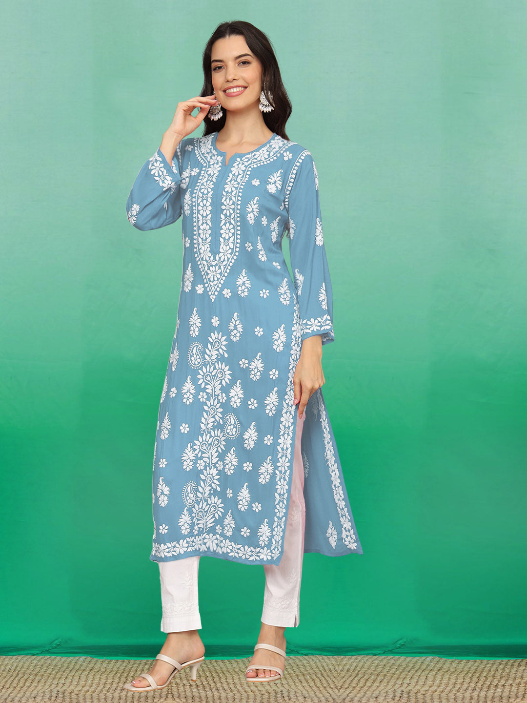 Hand Embroidered Chikankari Modal Straight Kurta- PC4042 Lightskyblue