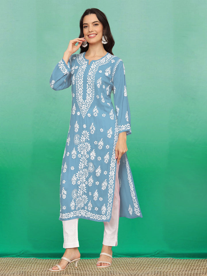 Hand Embroidered Chikankari Modal Straight Kurta- PC4042 Lightskyblue