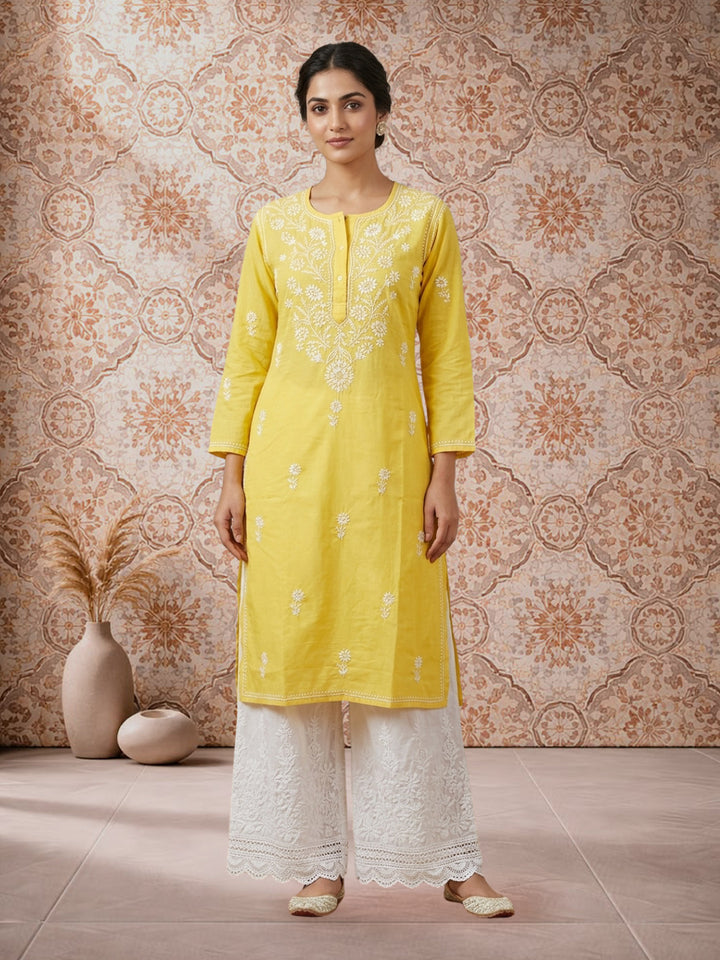 Hand Embroidered Chikankari Straight Floral  Cotton Kurta -NTV115 Yellow