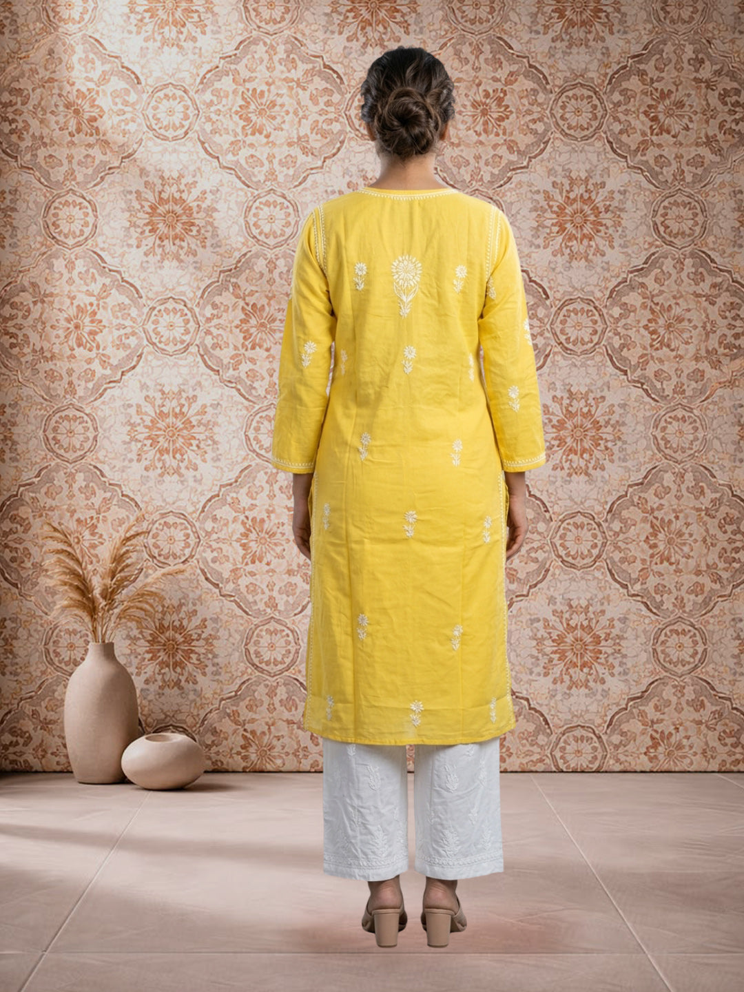 Hand Embroidered Chikankari Straight Floral  Cotton Kurta -NTV115 Yellow