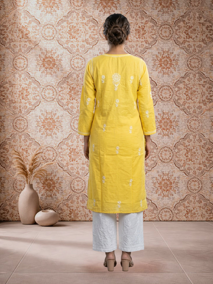 Hand Embroidered Chikankari Straight Floral  Cotton Kurta -NTV115 Yellow