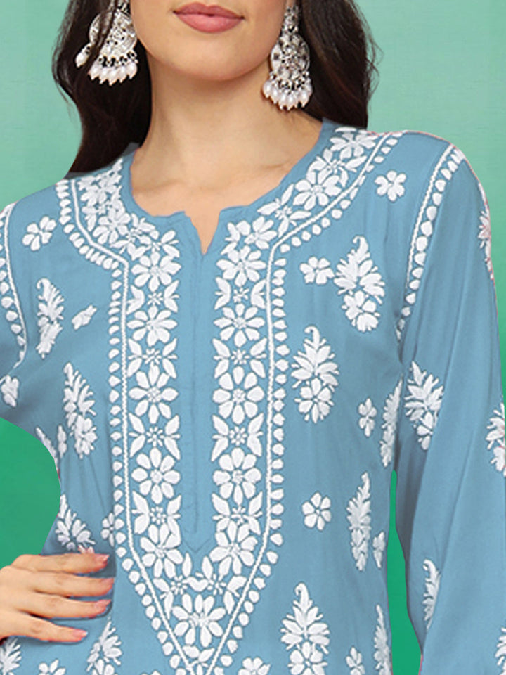 Hand Embroidered Chikankari Modal Straight Kurta- PC4042 Lightskyblue