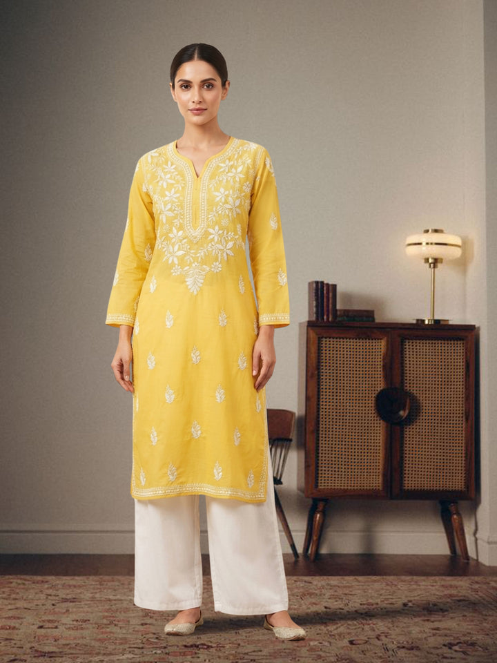 Hand Embroidered Chikankari Cotton Straight Kurta- PC3372 Yellow