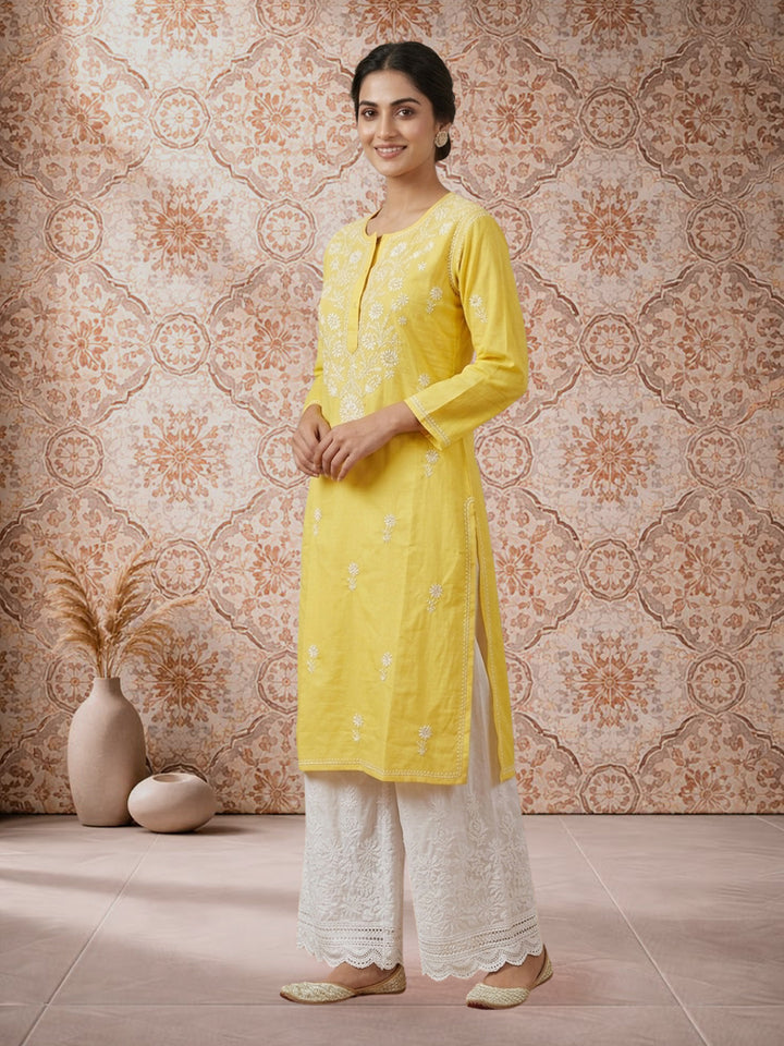 Hand Embroidered Chikankari Straight Floral  Cotton Kurta -NTV115 Yellow