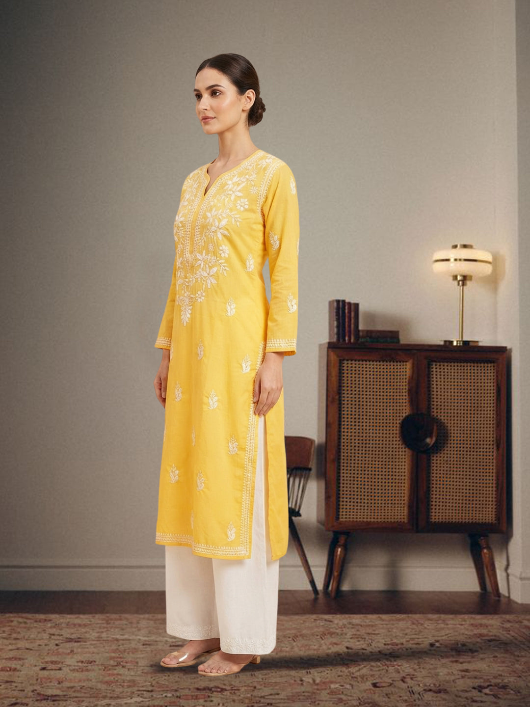 Hand Embroidered Chikankari Cotton Straight Kurta- PC3372 Yellow