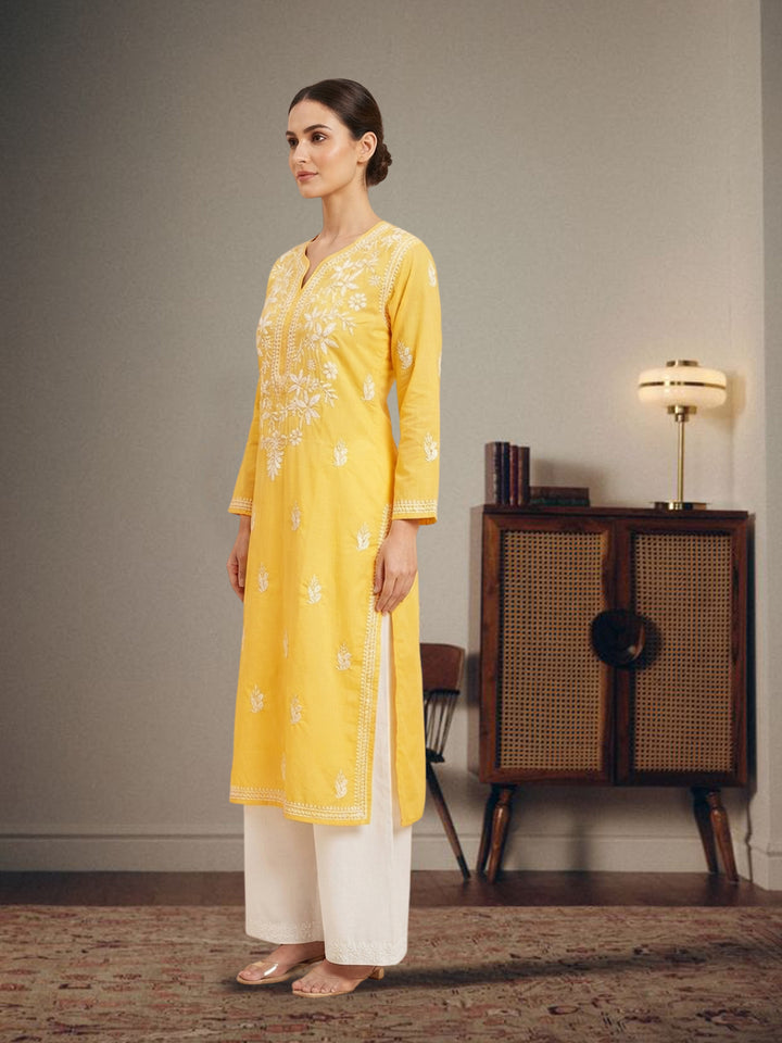 Hand Embroidered Chikankari Cotton Straight Kurta- PC3372 Yellow