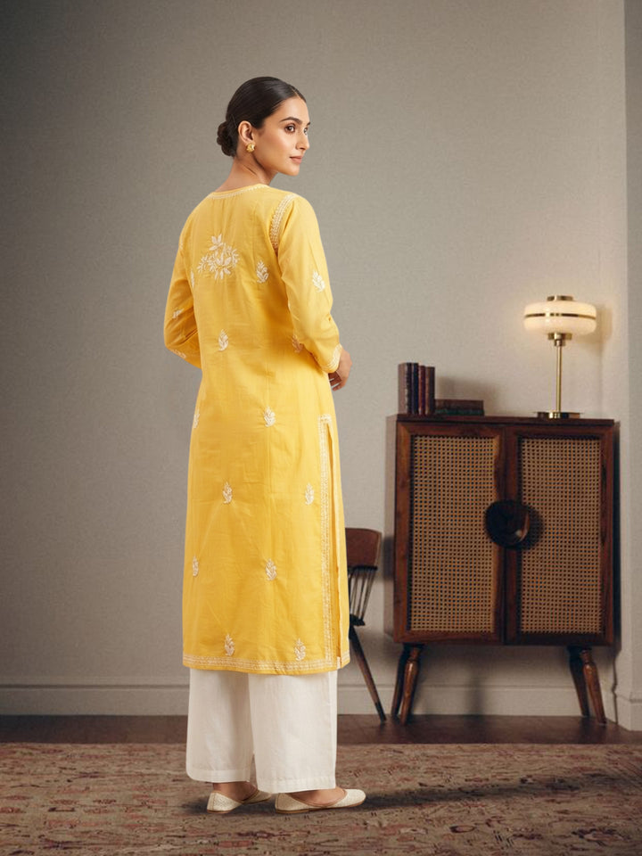 Hand Embroidered Chikankari Cotton Straight Kurta- PC3372 Yellow