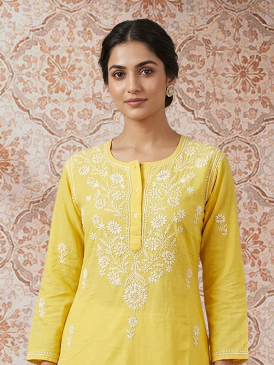 Hand Embroidered Chikankari Straight Floral  Cotton Kurta -NTV115 Yellow