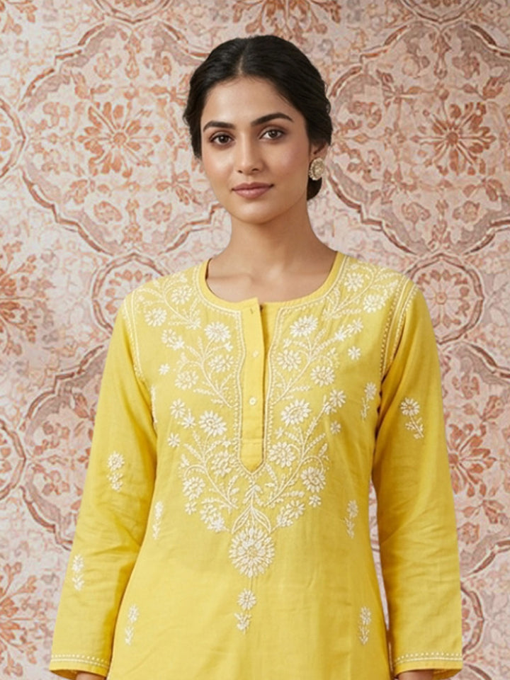 Hand Embroidered Chikankari Straight Floral  Cotton Kurta -NTV115 Yellow