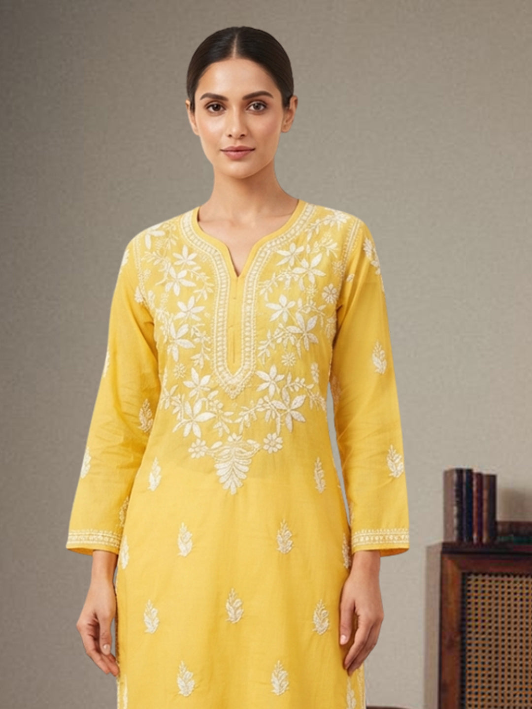 Hand Embroidered Chikankari Cotton Straight Kurta- PC3372 Yellow