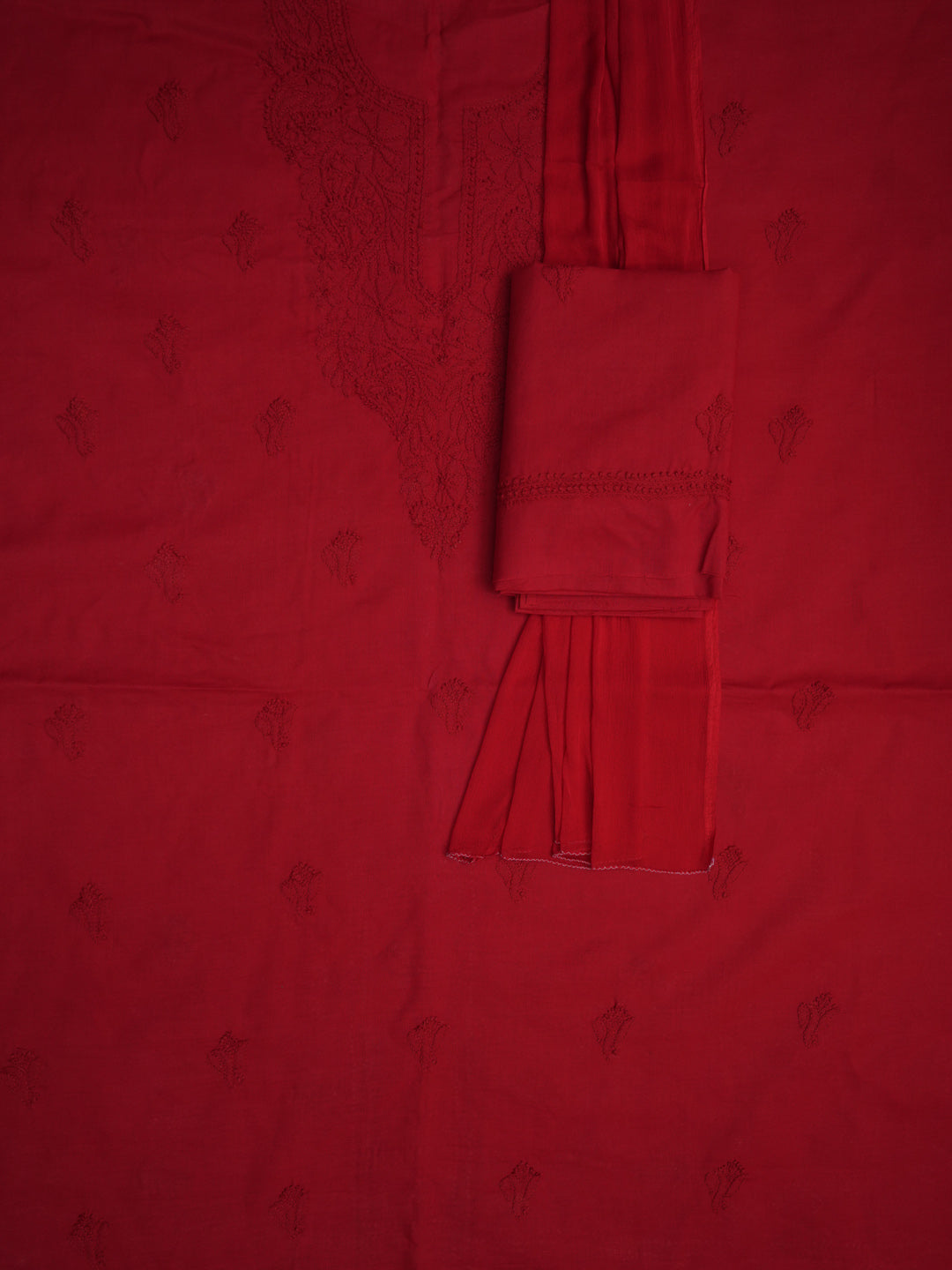 Women Hand Embroidered Cotton Chikankari Dress MaterialPCSCU00103FS-CHERRYRED