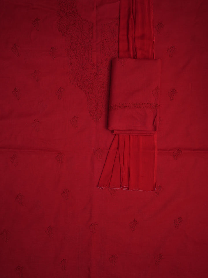 Women Hand Embroidered Cotton Chikankari Dress MaterialPCSCU00103FS-CHERRYRED