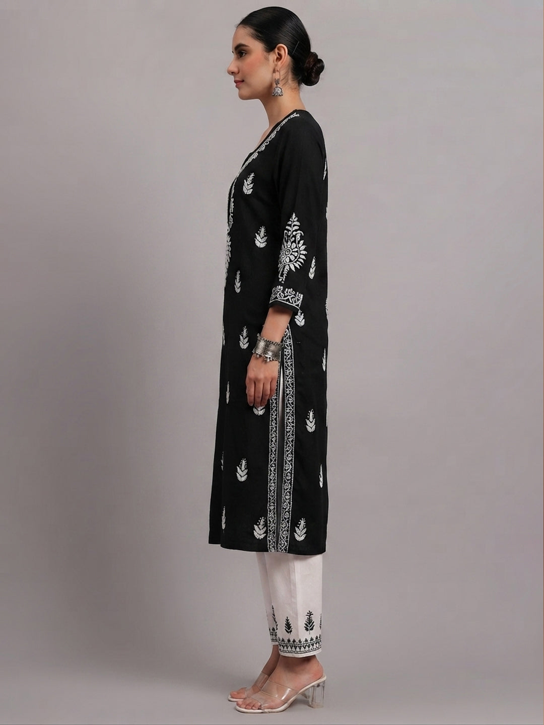 Women Hand Embroidered Chikankari Rayon Kurta PC4076 Black