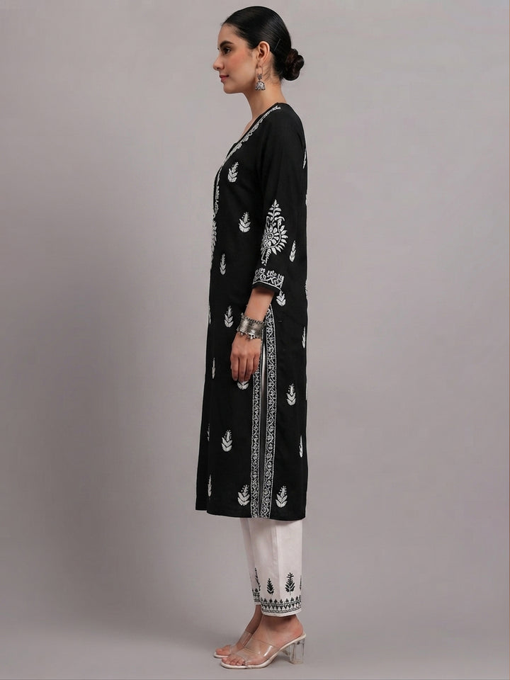Women Hand Embroidered Chikankari Rayon Kurta PC4076 Black