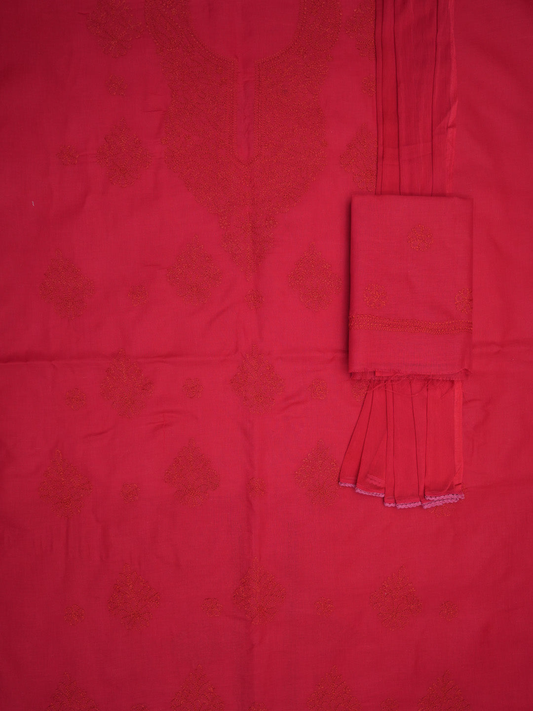 Women Hand Embroidered Cotton Chikankari Dress MaterialPCSCU00406FS-TOMATORED